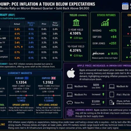 Yields move lower after data dump. Dollar off highs. Stocks higher led by Micron